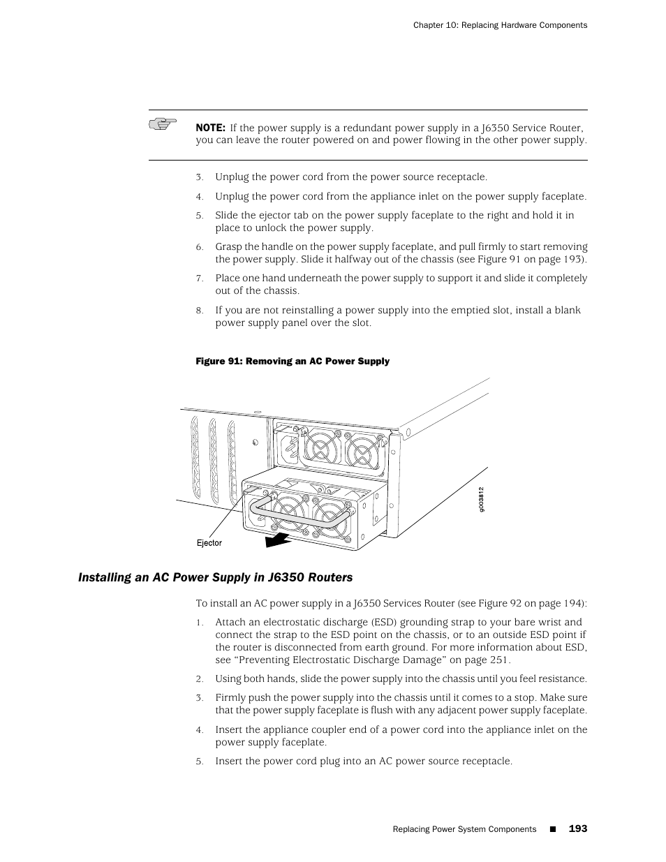 Installing an ac power supply in j6350 routers | Juniper Networks J-series Services Router J2320 User Manual | Page 215 / 332