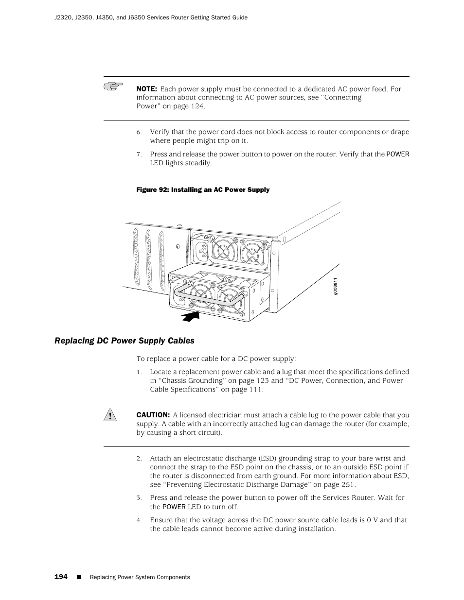 Replacing dc power supply cables | Juniper Networks J-series Services Router J2320 User Manual | Page 216 / 332