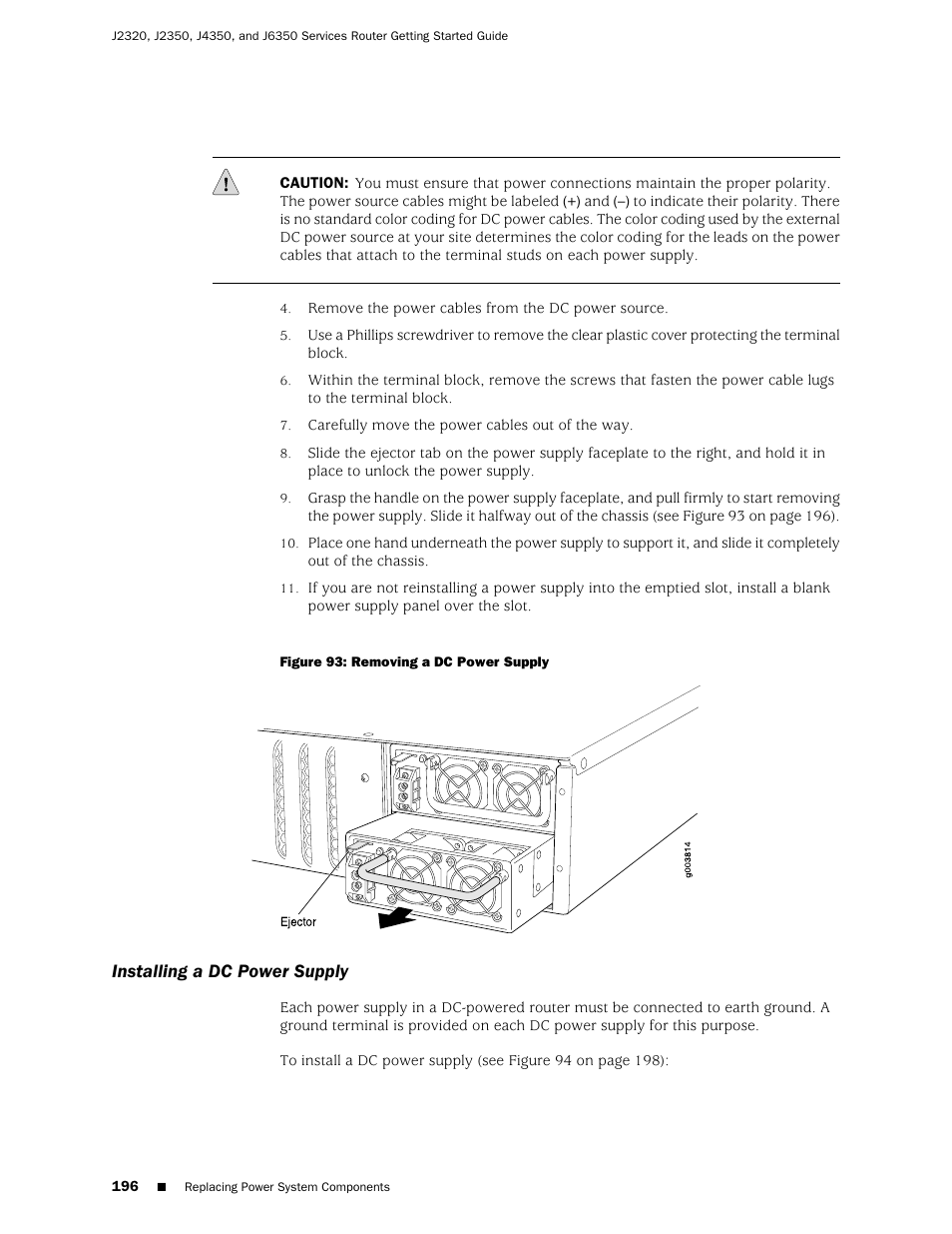 Installing a dc power supply | Juniper Networks J-series Services Router J2320 User Manual | Page 218 / 332