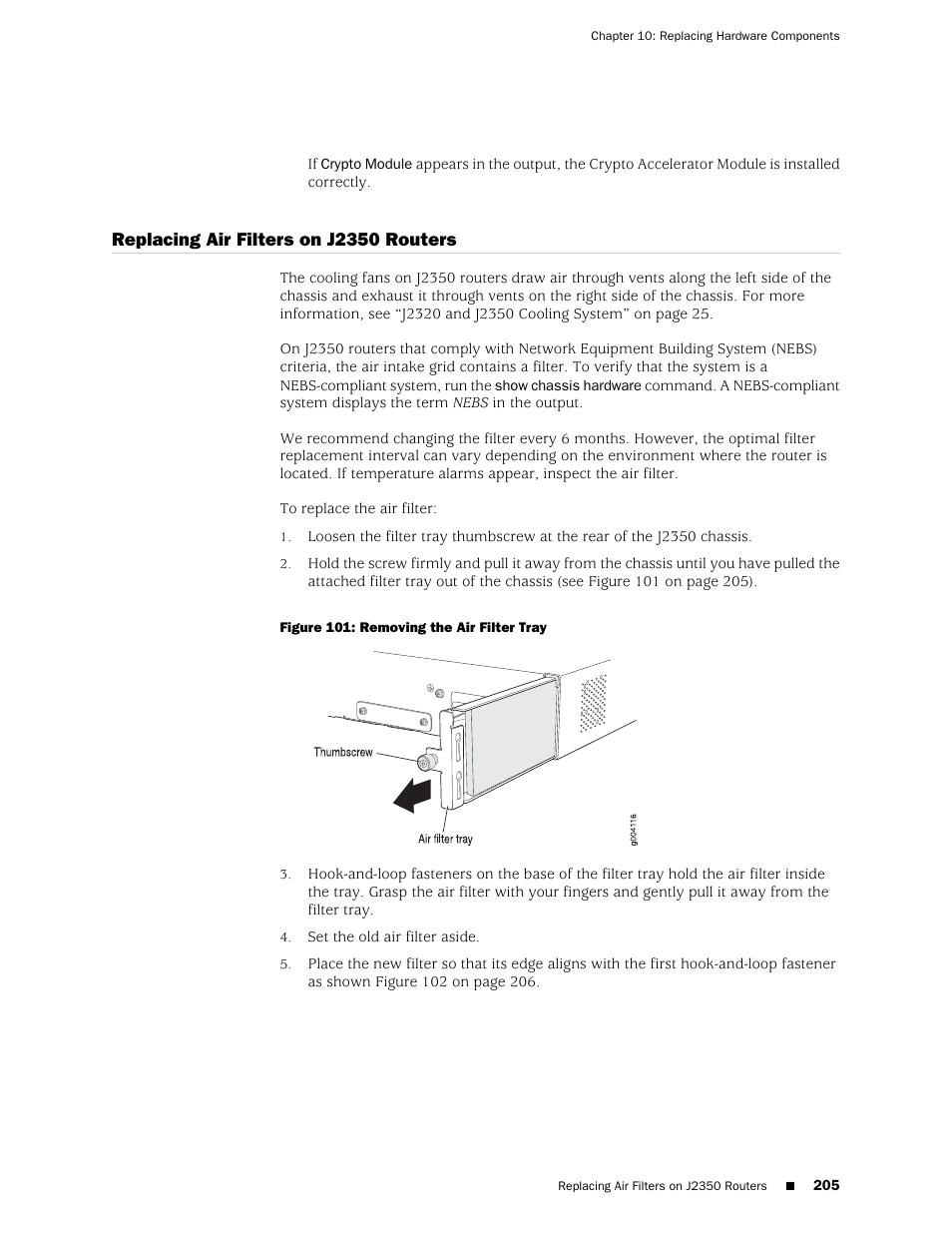 Replacing air filters on j2350 routers | Juniper Networks J-series Services Router J2320 User Manual | Page 227 / 332