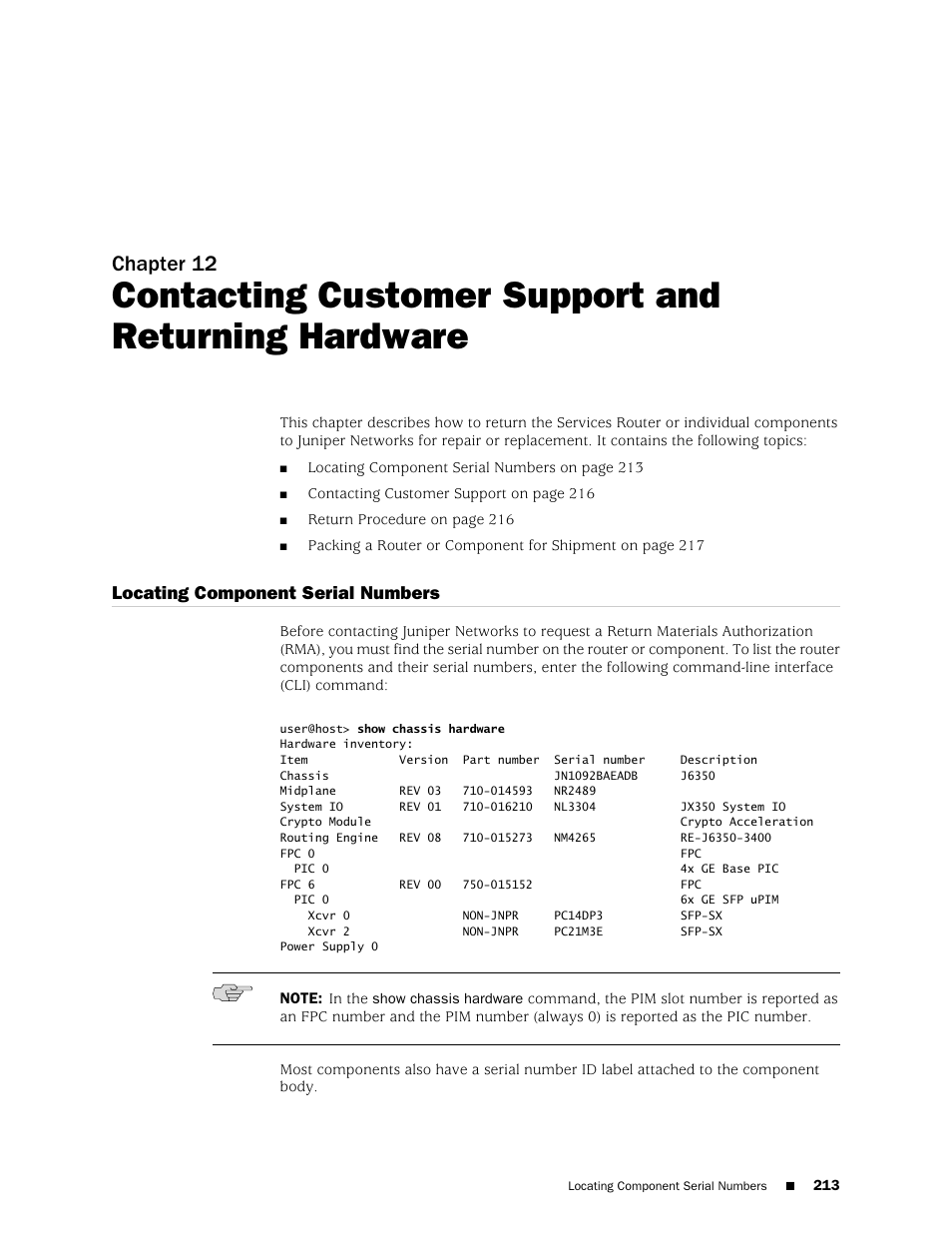 Contacting customer support and returning hardware, Locating component serial numbers, Chapter 12 | Juniper Networks J-series Services Router J2320 User Manual | Page 235 / 332