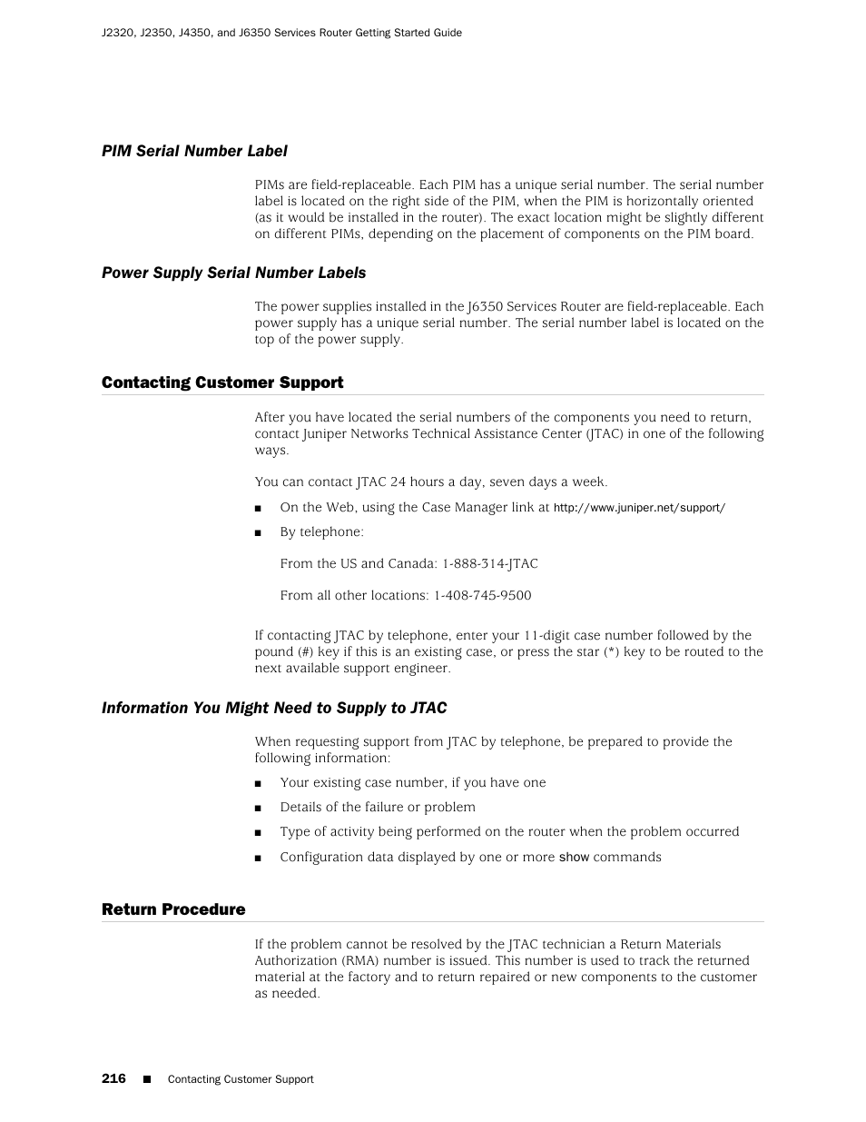 Pim serial number label, Power supply serial number labels, Contacting customer support | Information you might need to supply to jtac, Return procedure, 216 power supply serial number labels | Juniper Networks J-series Services Router J2320 User Manual | Page 238 / 332