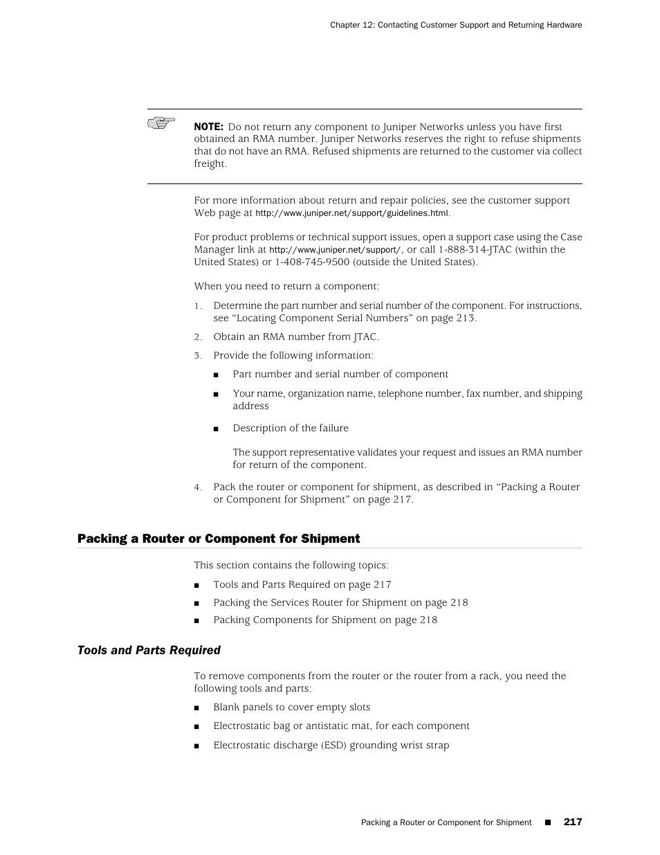 Packing a router or component for shipment, Tools and parts required | Juniper Networks J-series Services Router J2320 User Manual | Page 239 / 332