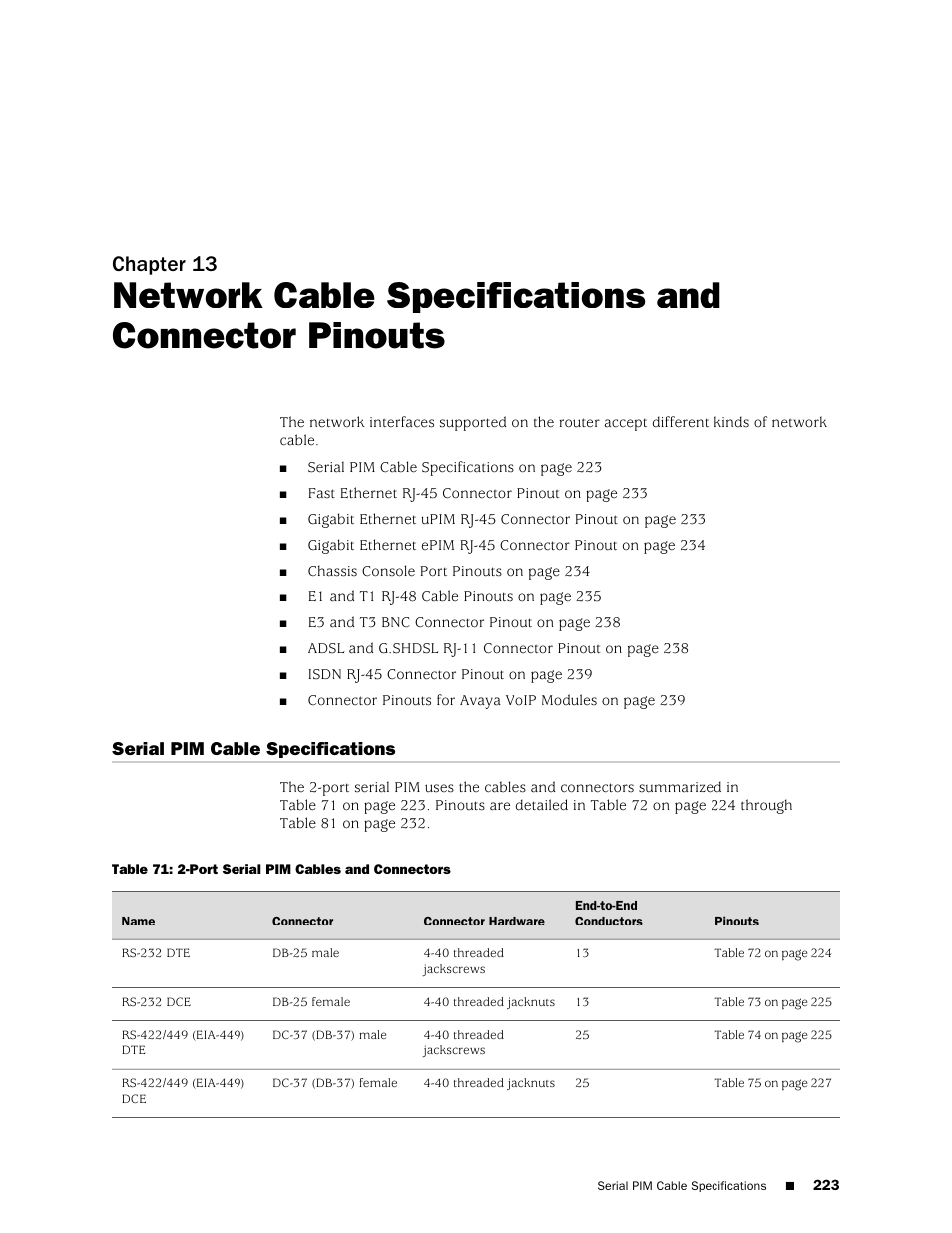 Network cable specifications and connector pinouts, Serial pim cable specifications, Chapter 13 | Juniper Networks J-series Services Router J2320 User Manual | Page 245 / 332