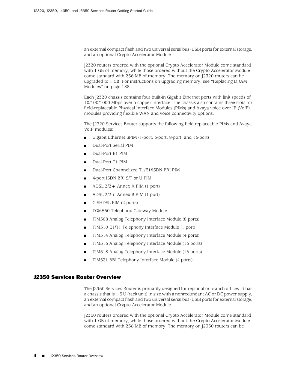 J2350 services router overview | Juniper Networks J-series Services Router J2320 User Manual | Page 26 / 332
