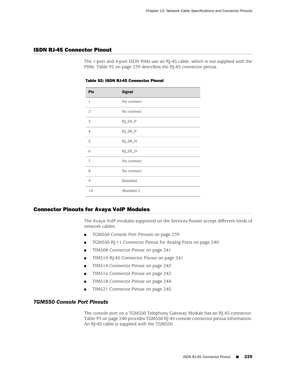 Isdn rj-45 connector pinout, Connector pinouts for avaya voip modules, Tgm550 console port pinouts | 239 connector pinouts for avaya voip modules | Juniper Networks J-series Services Router J2320 User Manual | Page 261 / 332