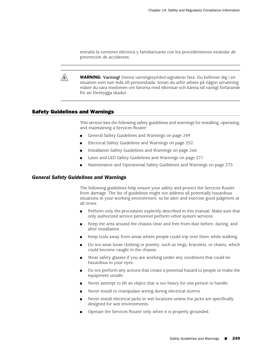 Safety guidelines and warnings, General safety guidelines and warnings | Juniper Networks J-series Services Router J2320 User Manual | Page 271 / 332