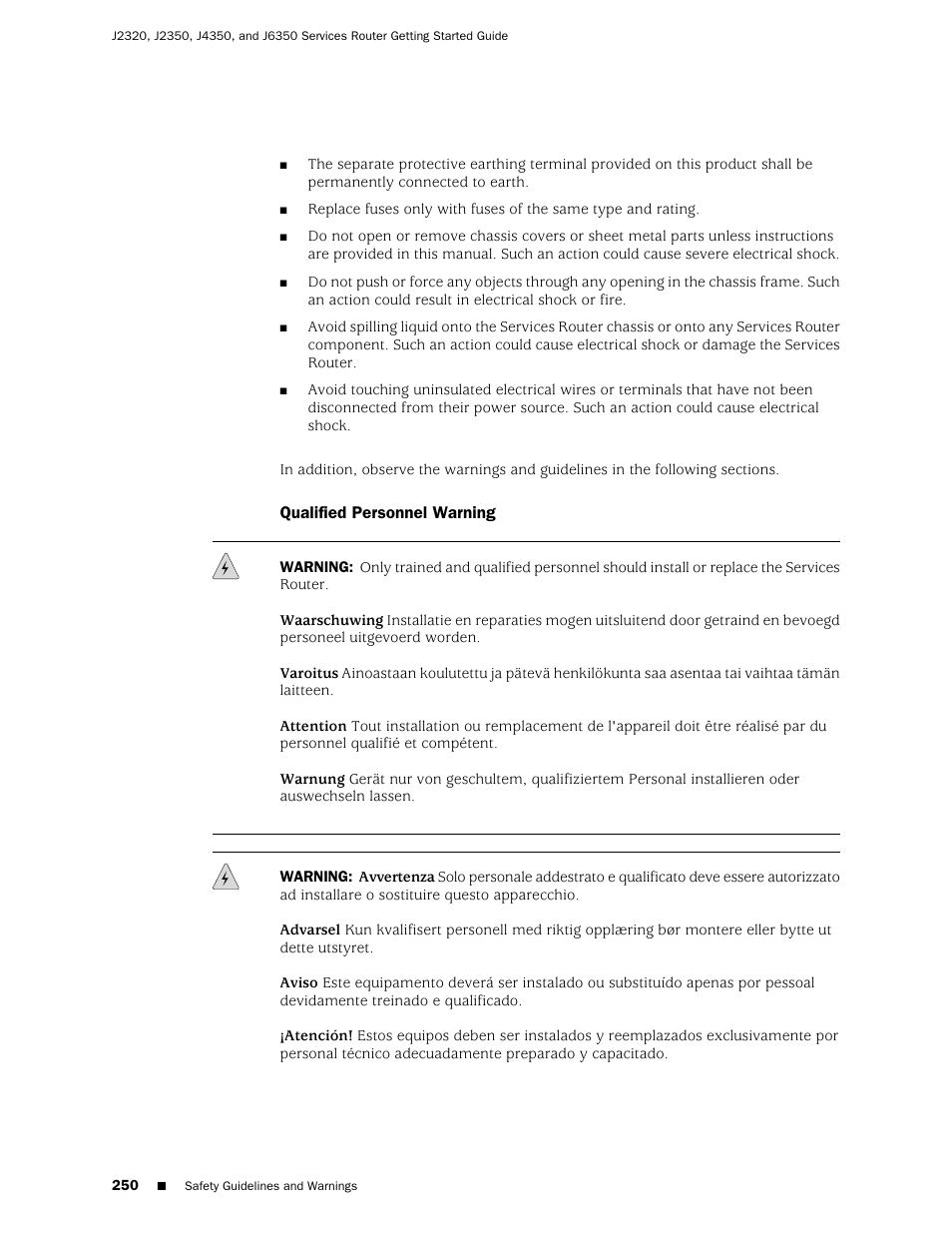 Qualified personnel warning | Juniper Networks J-series Services Router J2320 User Manual | Page 272 / 332