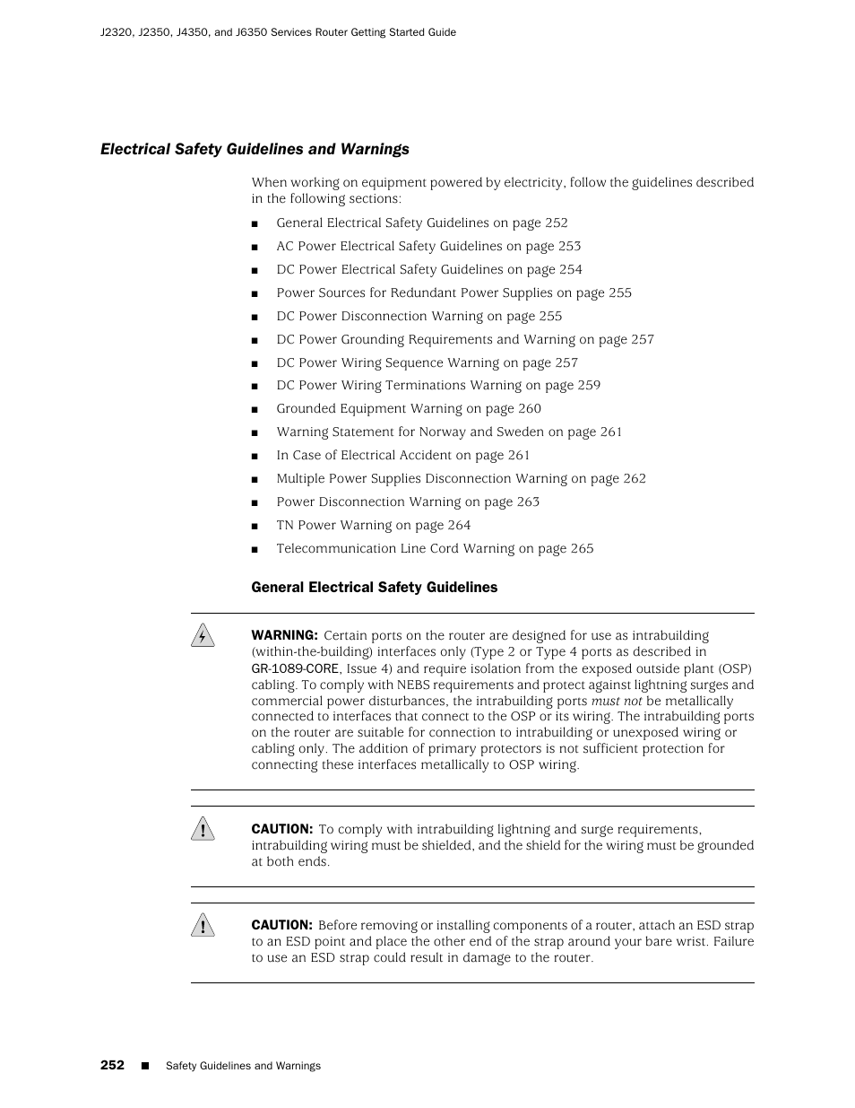 Electrical safety guidelines and warnings, General electrical safety guidelines | Juniper Networks J-series Services Router J2320 User Manual | Page 274 / 332