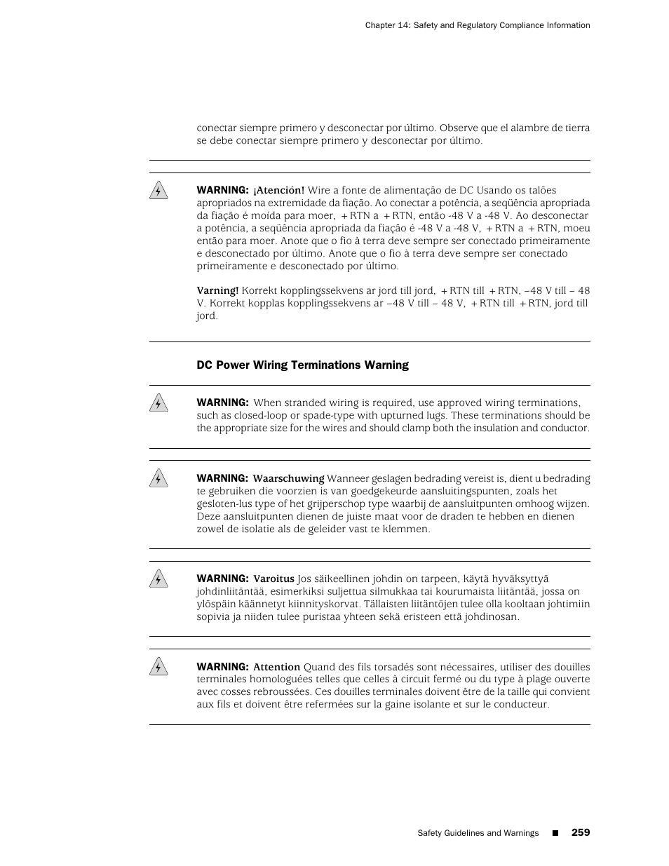 Dc power wiring terminations warning | Juniper Networks J-series Services Router J2320 User Manual | Page 281 / 332