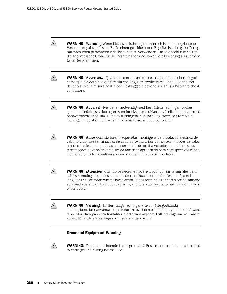Grounded equipment warning | Juniper Networks J-series Services Router J2320 User Manual | Page 282 / 332