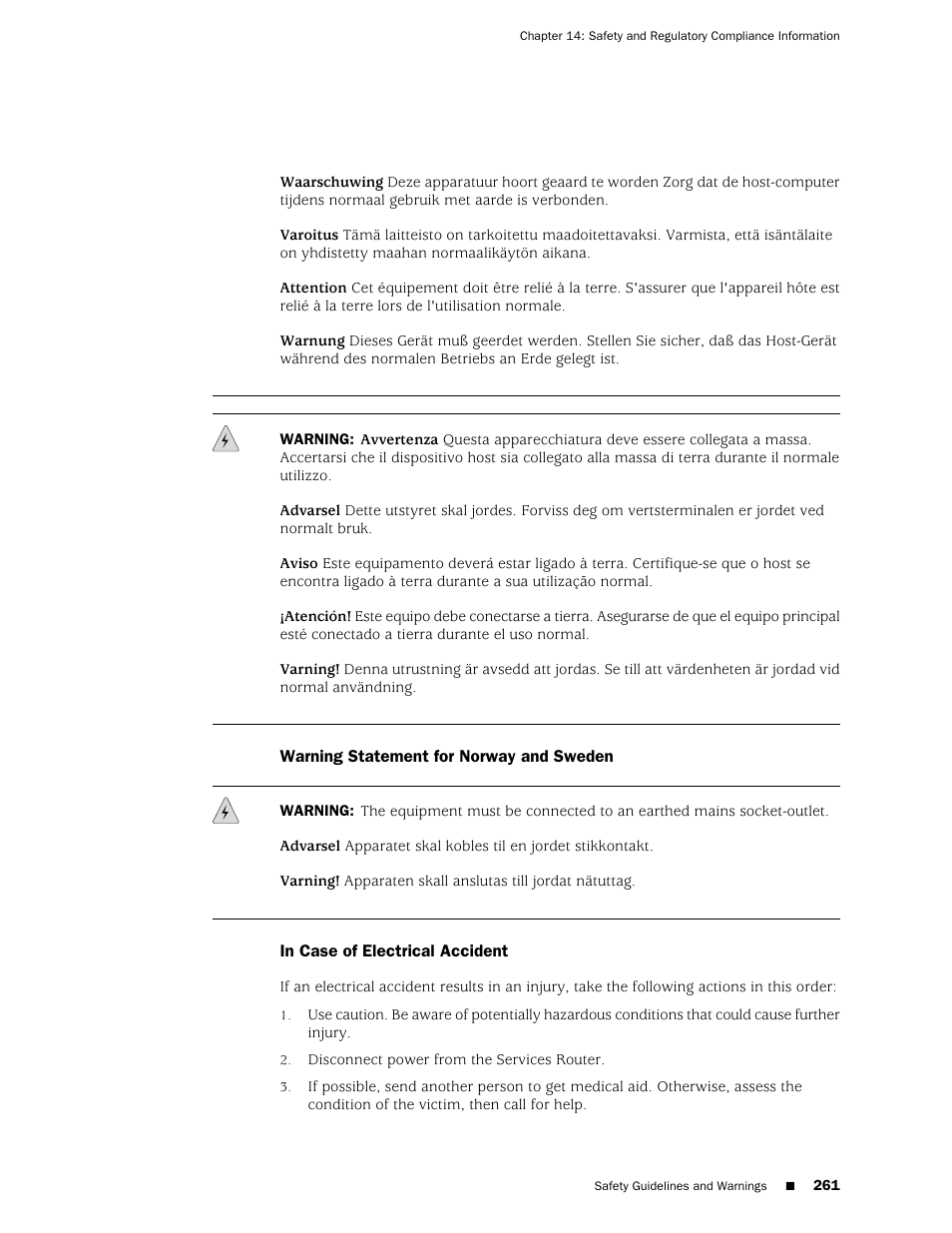 Warning statement for norway and sweden, In case of electrical accident, 261 in case of electrical accident | Juniper Networks J-series Services Router J2320 User Manual | Page 283 / 332