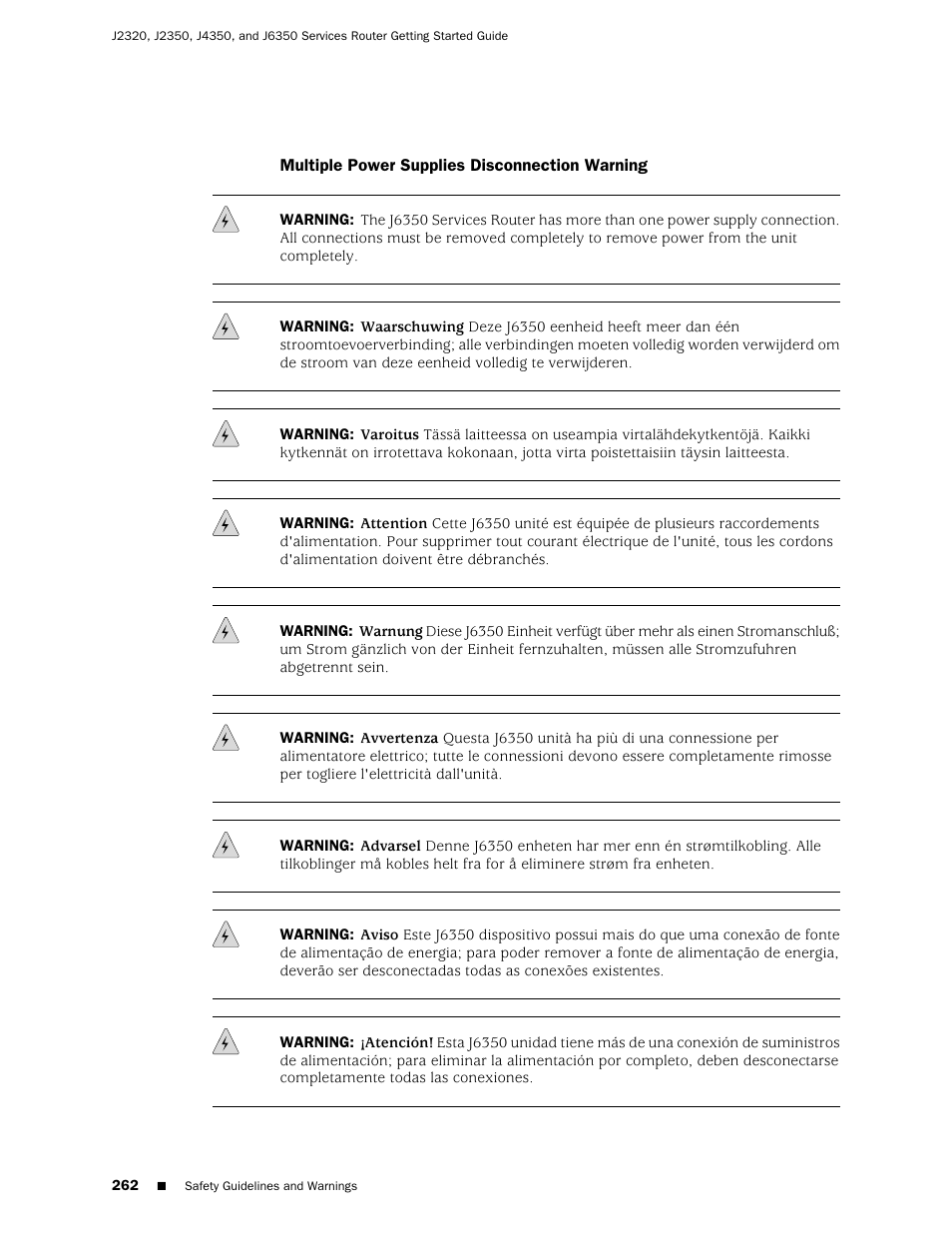 Multiple power supplies disconnection warning | Juniper Networks J-series Services Router J2320 User Manual | Page 284 / 332