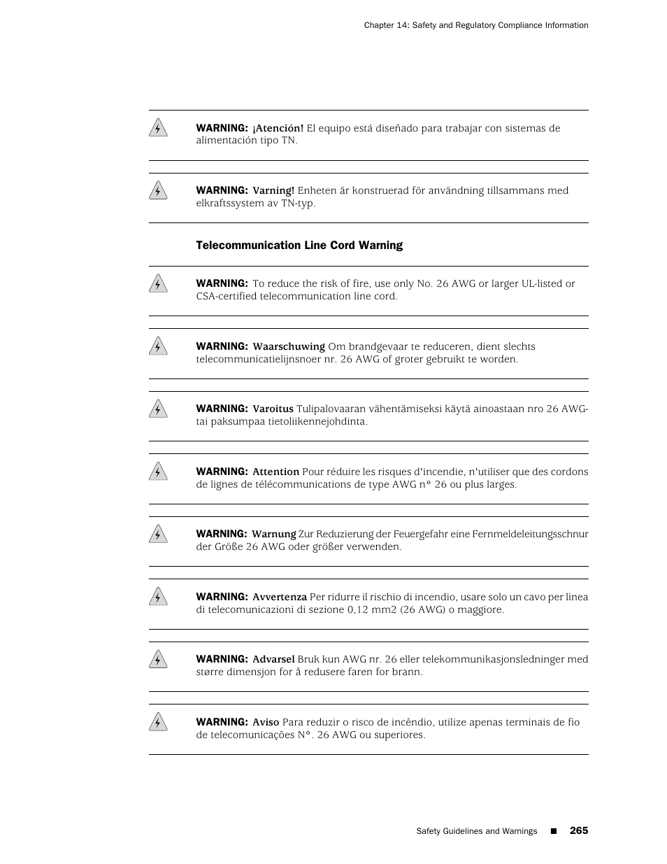 Telecommunication line cord warning | Juniper Networks J-series Services Router J2320 User Manual | Page 287 / 332