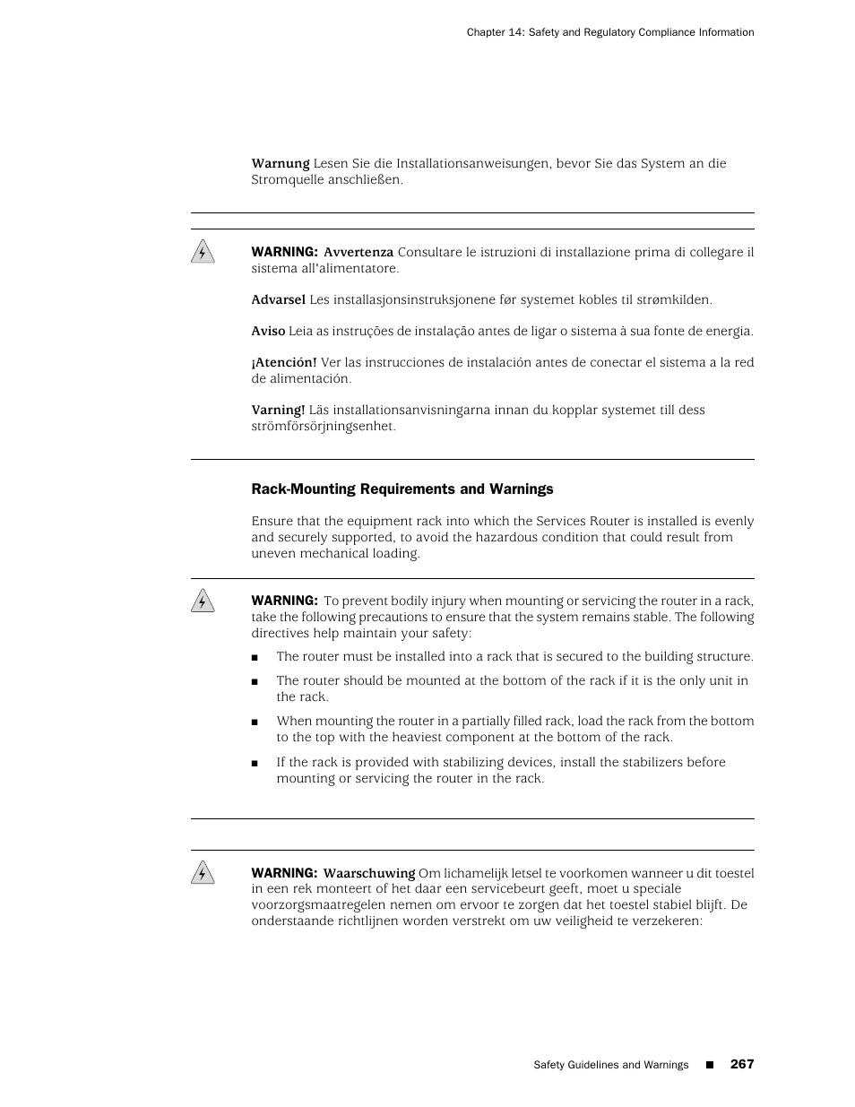 Rack-mounting requirements and warnings | Juniper Networks J-series Services Router J2320 User Manual | Page 289 / 332