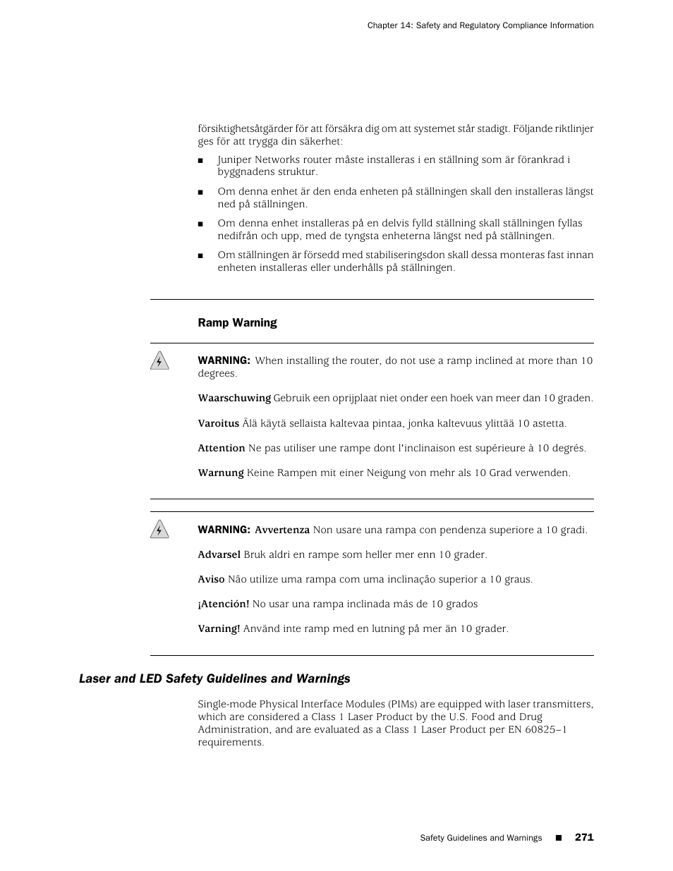 Ramp warning, Laser and led safety guidelines and warnings | Juniper Networks J-series Services Router J2320 User Manual | Page 293 / 332