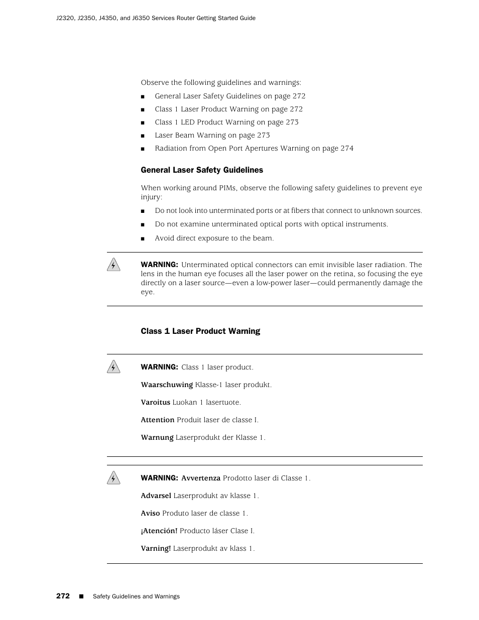 General laser safety guidelines, Class 1 laser product warning, 272 class 1 laser product warning | Juniper Networks J-series Services Router J2320 User Manual | Page 294 / 332