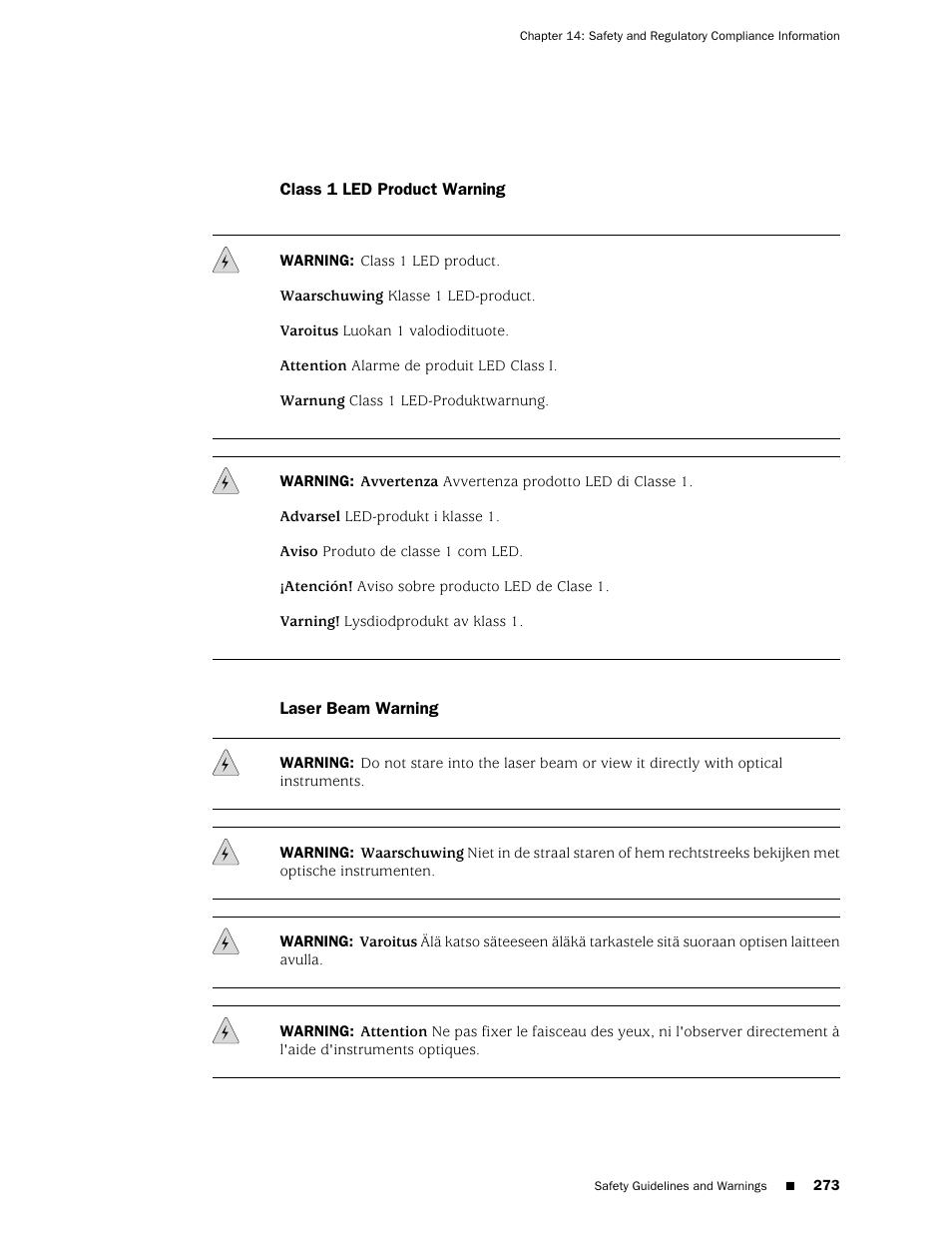 Class 1 led product warning, Laser beam warning, 273 laser beam warning | Juniper Networks J-series Services Router J2320 User Manual | Page 295 / 332