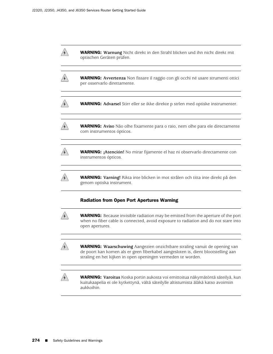 Radiation from open port apertures warning | Juniper Networks J-series Services Router J2320 User Manual | Page 296 / 332