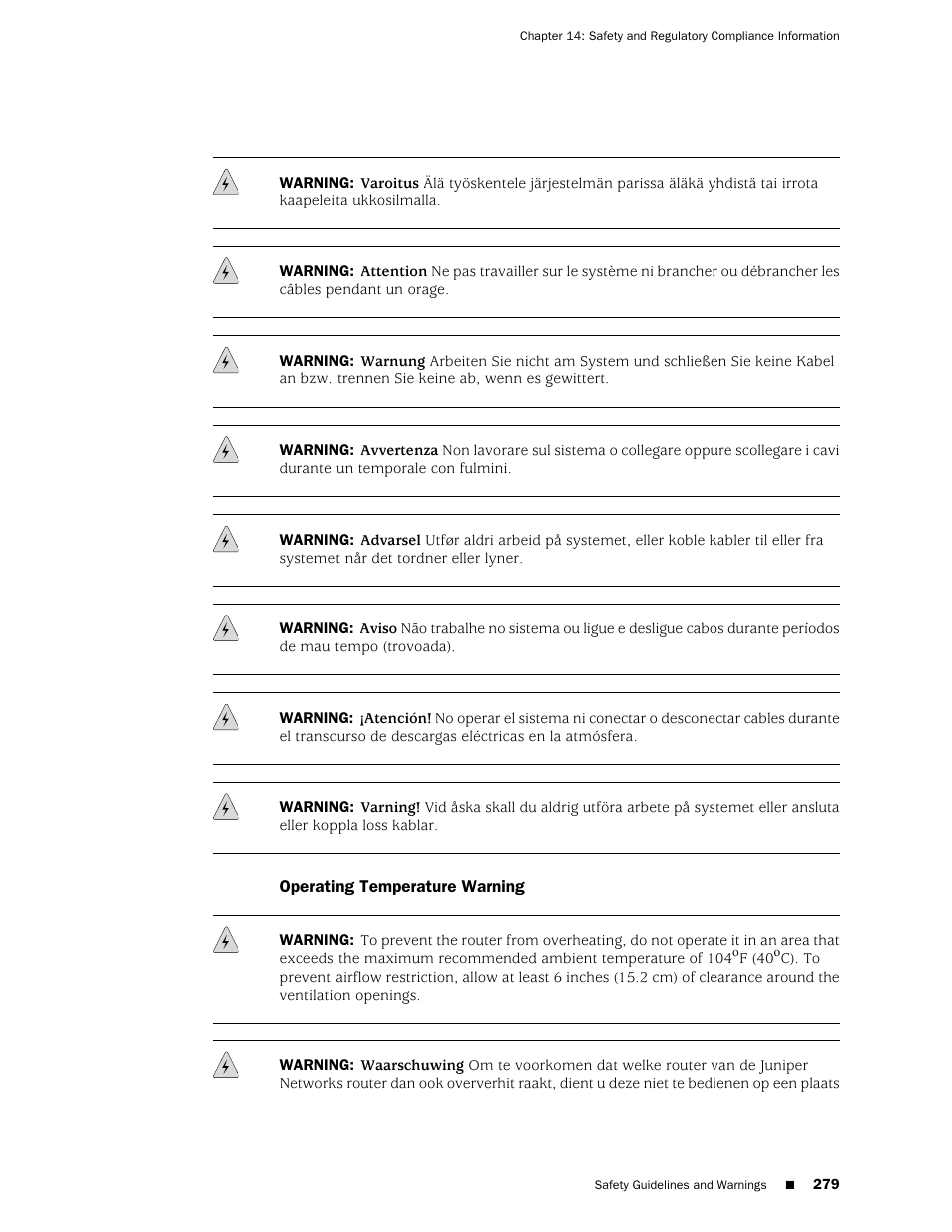 Operating temperature warning | Juniper Networks J-series Services Router J2320 User Manual | Page 301 / 332