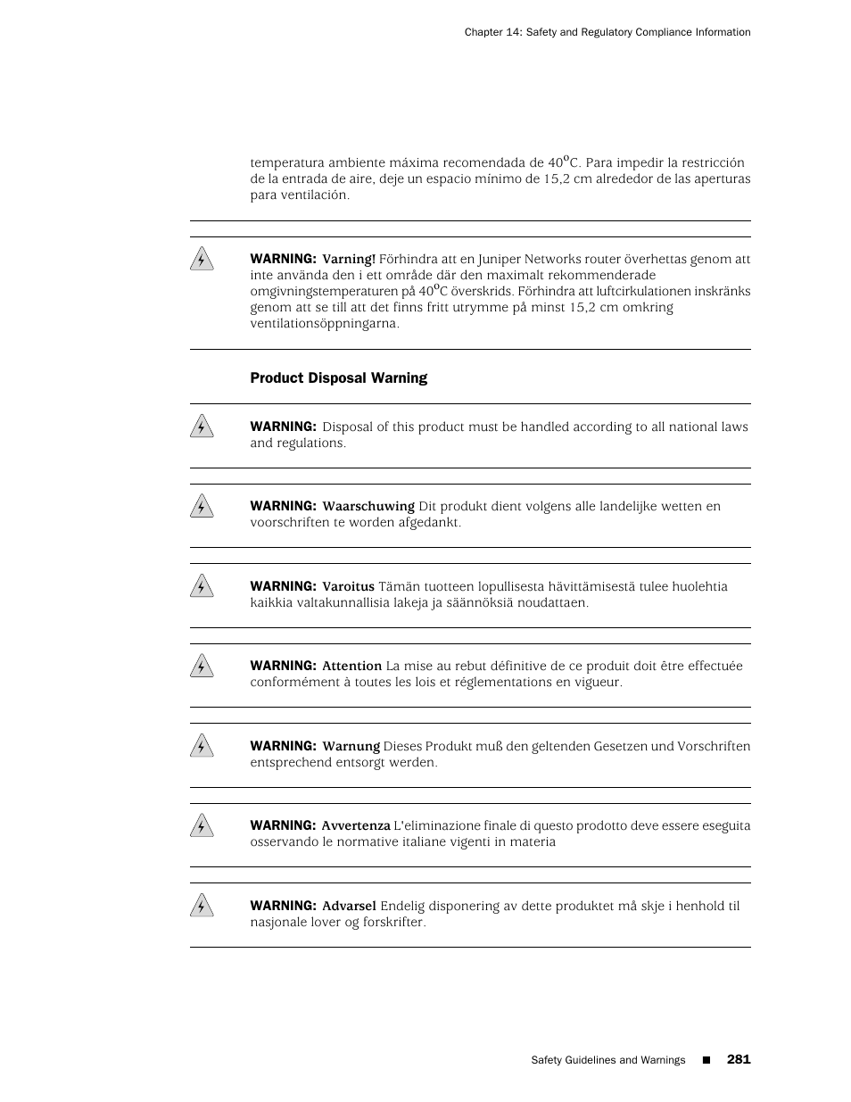 Product disposal warning | Juniper Networks J-series Services Router J2320 User Manual | Page 303 / 332