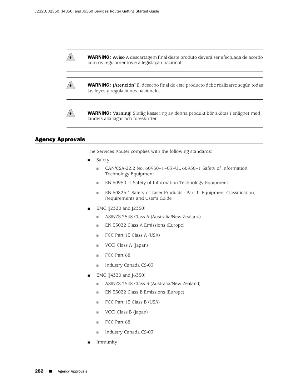 Agency approvals | Juniper Networks J-series Services Router J2320 User Manual | Page 304 / 332