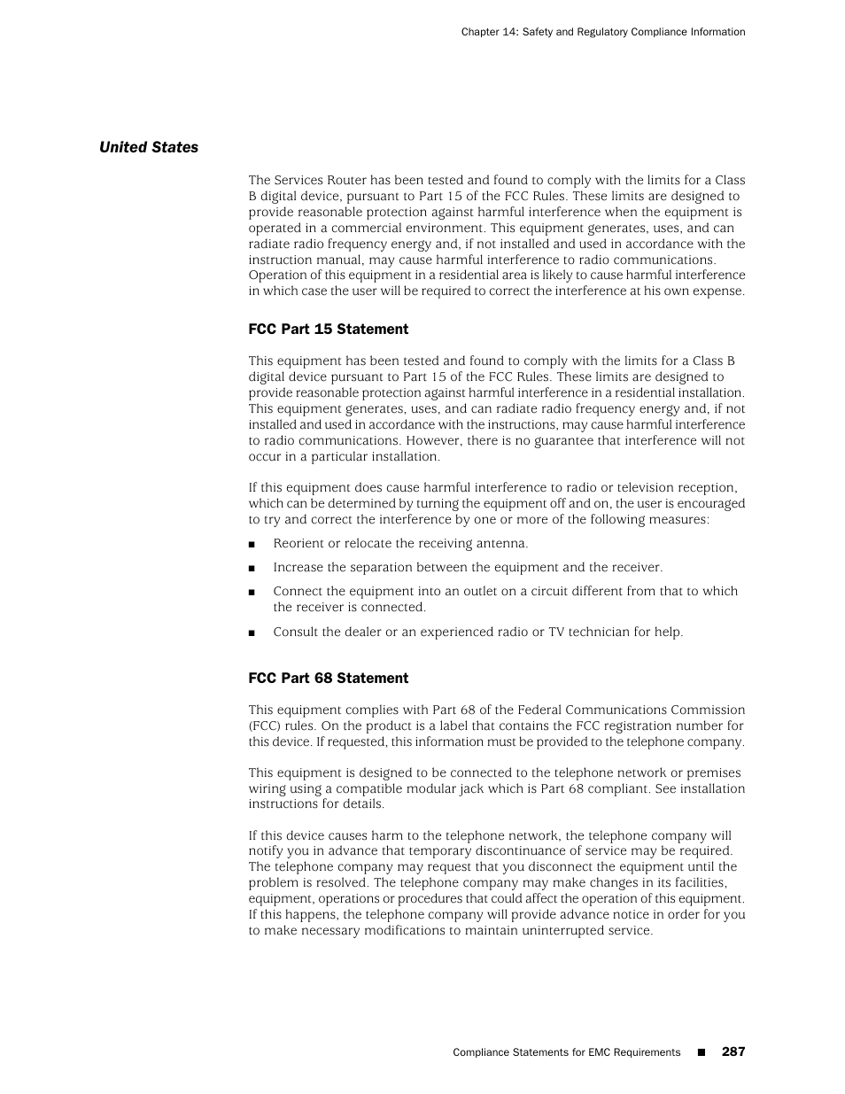 United states, Fcc part 15 statement, Fcc part 68 statement | 287 fcc part 68 statement | Juniper Networks J-series Services Router J2320 User Manual | Page 309 / 332