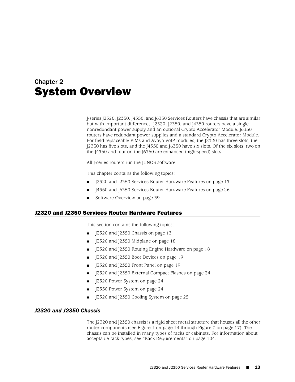 System overview, J2320 and j2350 services router hardware features, J2320 and j2350 chassis | Chapter 2 | Juniper Networks J-series Services Router J2320 User Manual | Page 35 / 332