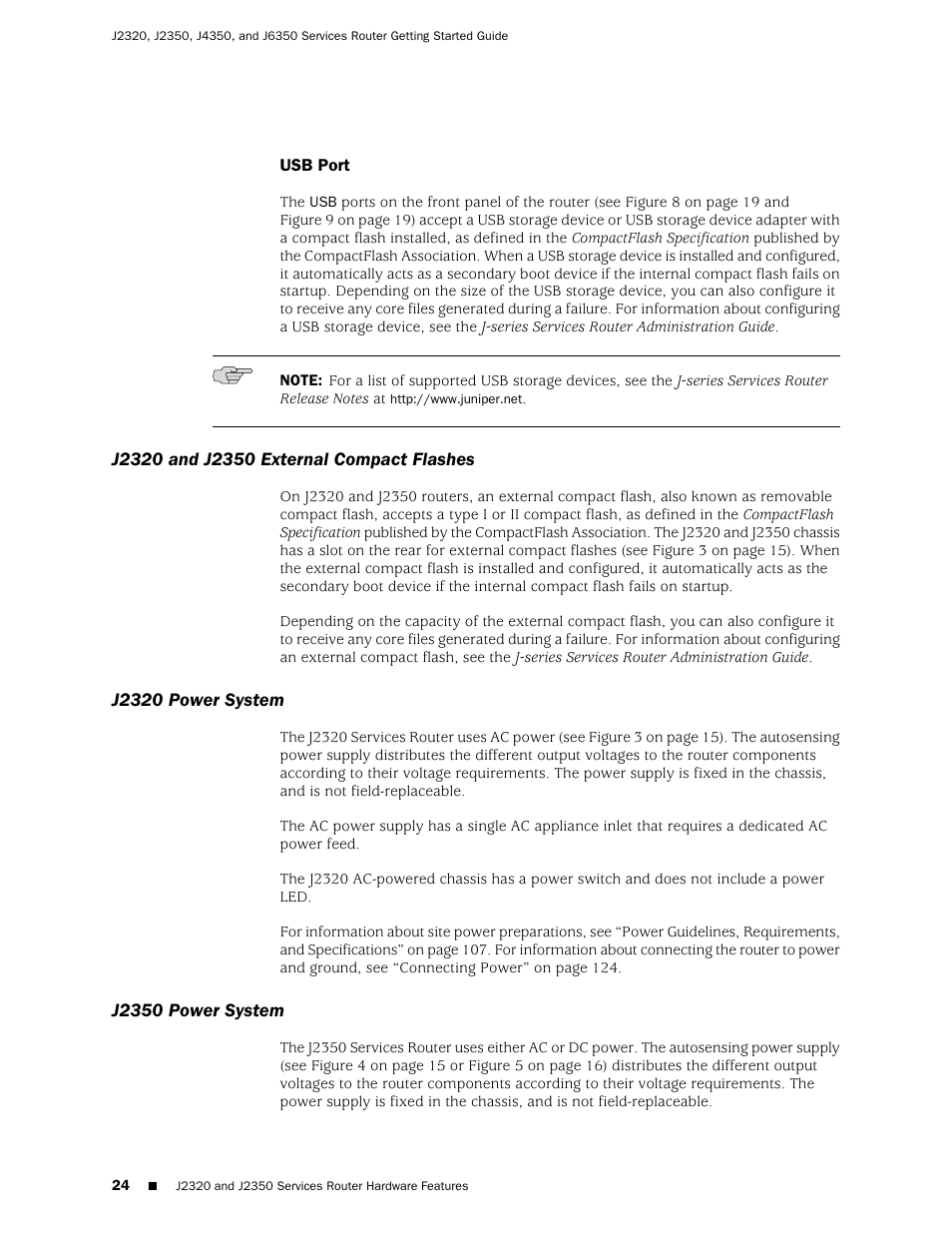 Usb port, J2320 and j2350 external compact flashes, J2320 power system | J2350 power system, J2320 power system j2350 power system | Juniper Networks J-series Services Router J2320 User Manual | Page 46 / 332