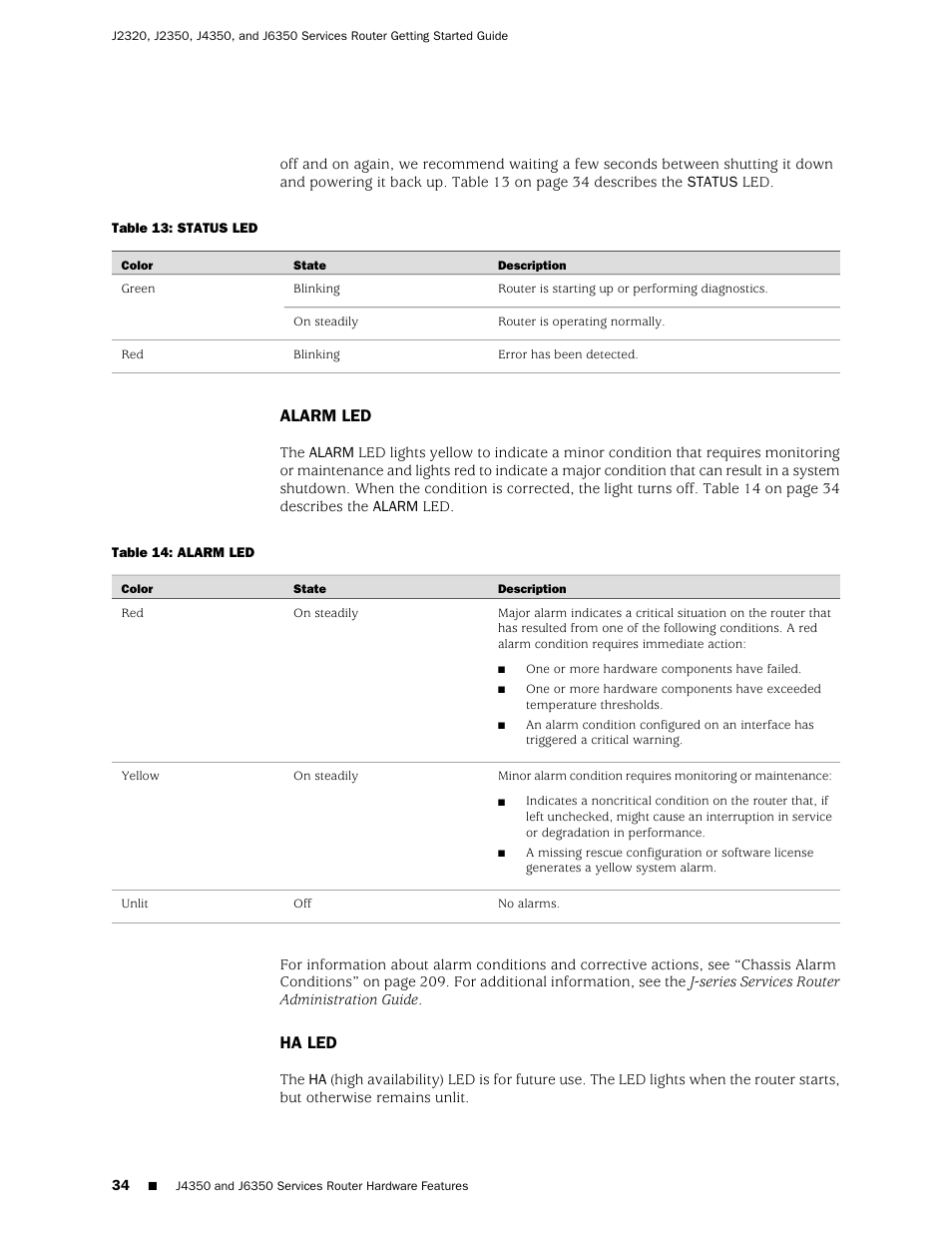 Alarm led, Ha led, Alarm led ha led | Juniper Networks J-series Services Router J2320 User Manual | Page 56 / 332