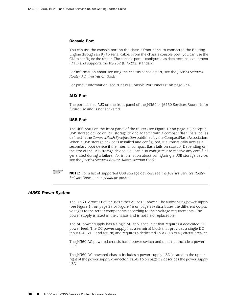 Console port, Aux port, Usb port | J4350 power system, Console port aux port usb port | Juniper Networks J-series Services Router J2320 User Manual | Page 58 / 332