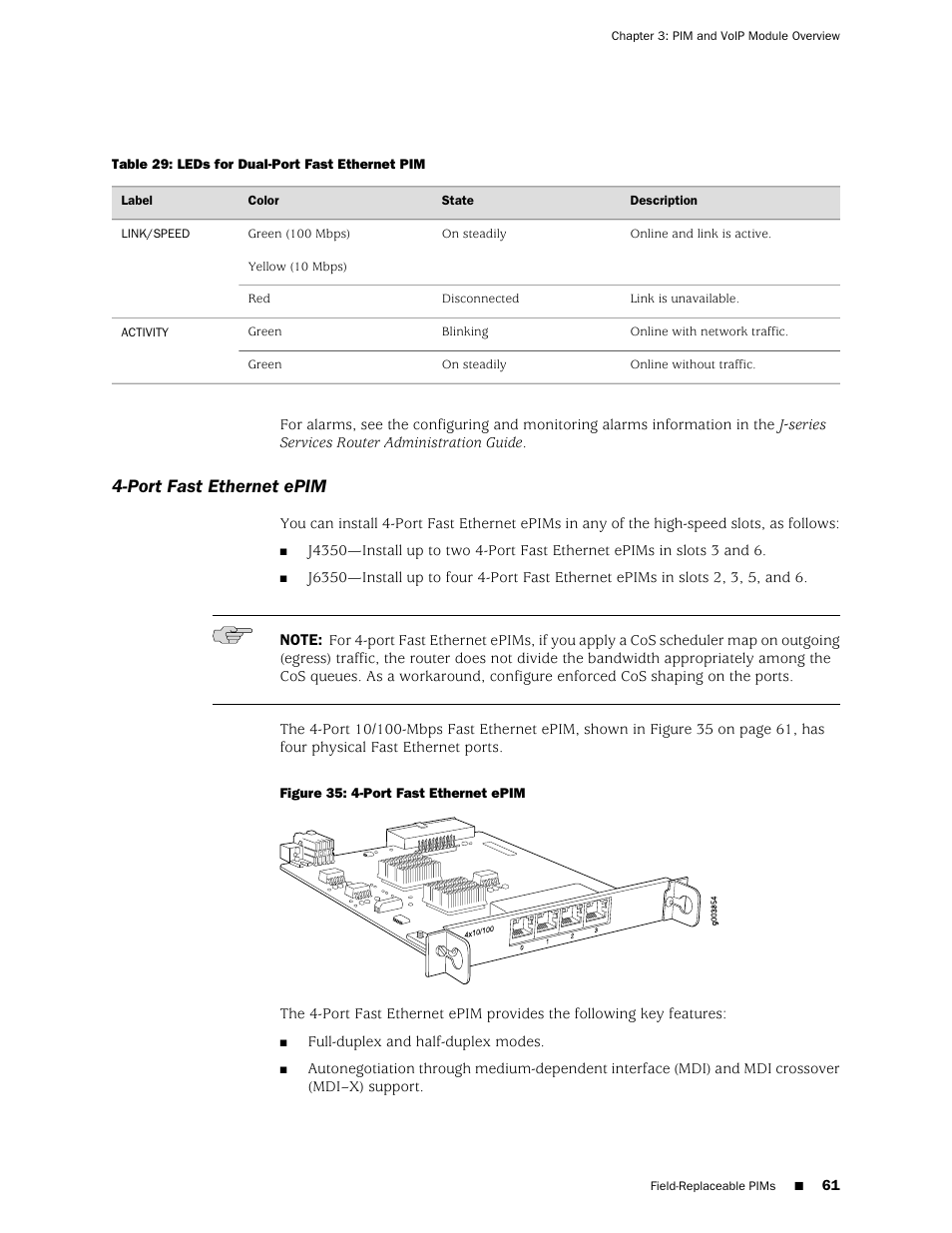 Port fast ethernet epim | Juniper Networks J-series Services Router J2320 User Manual | Page 83 / 332