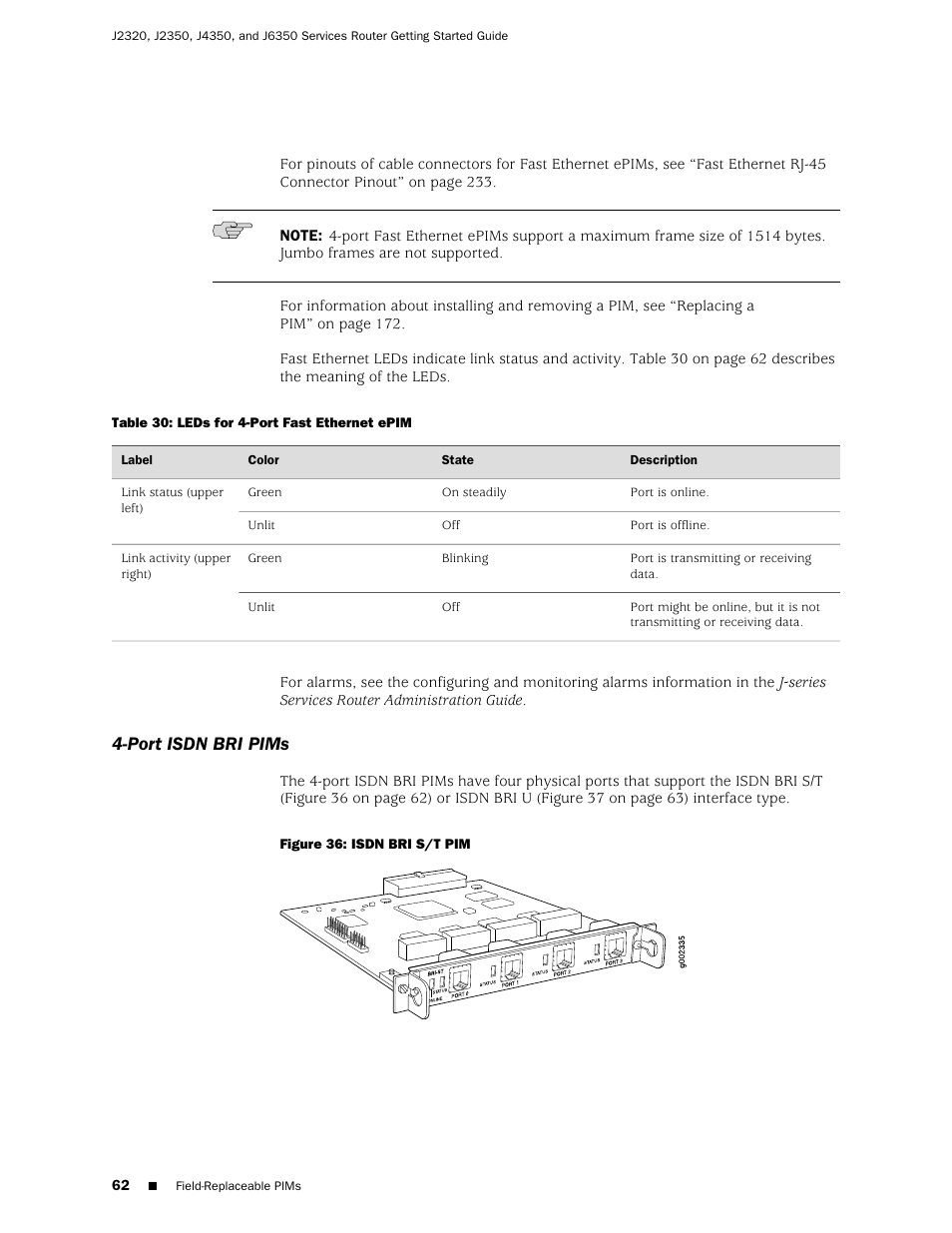 Port isdn bri pims | Juniper Networks J-series Services Router J2320 User Manual | Page 84 / 332