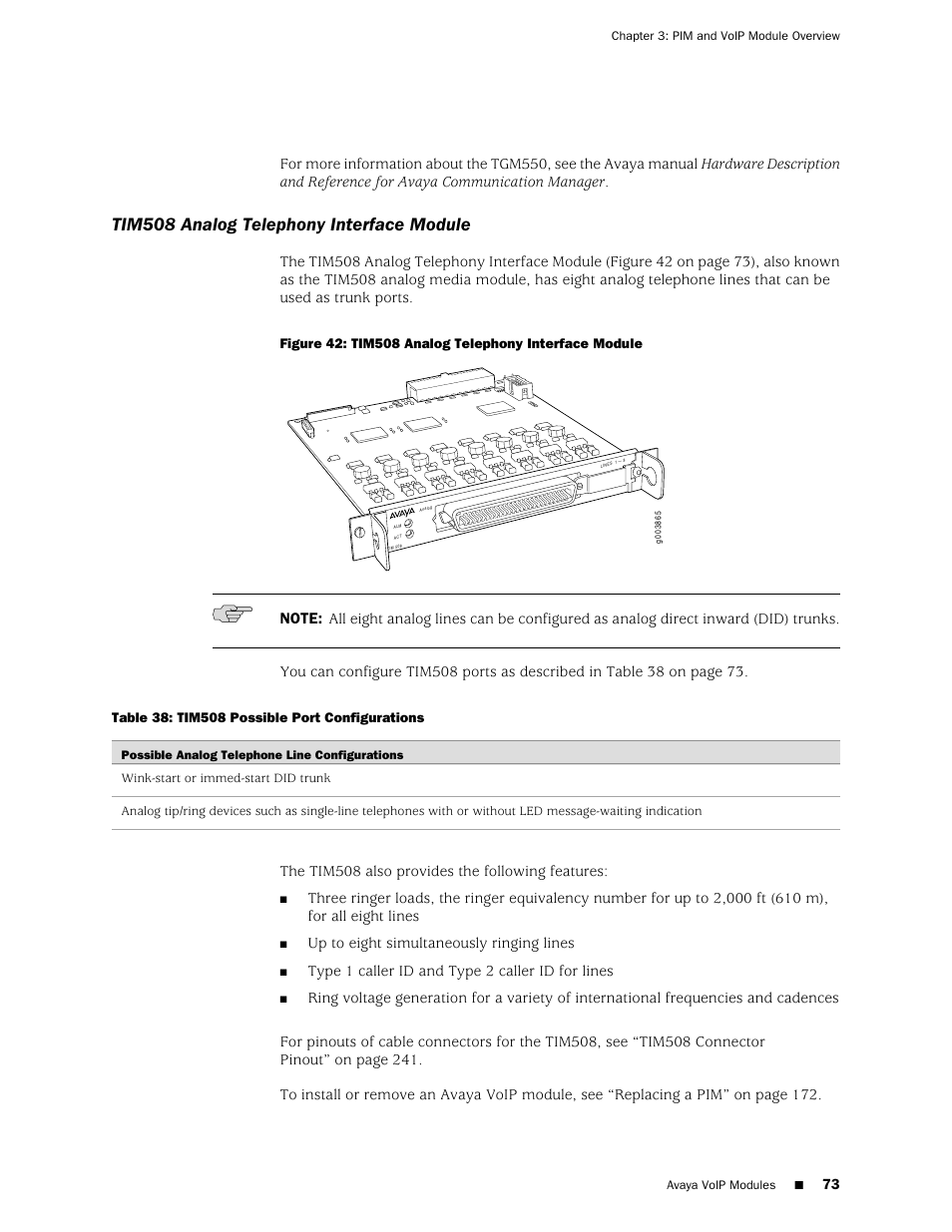 Tim508 analog telephony interface module, The tim508 also provides the following features, Up to eight simultaneously ringing lines | Type 1 caller id and type 2 caller id for lines | Juniper Networks J-series Services Router J2320 User Manual | Page 95 / 332