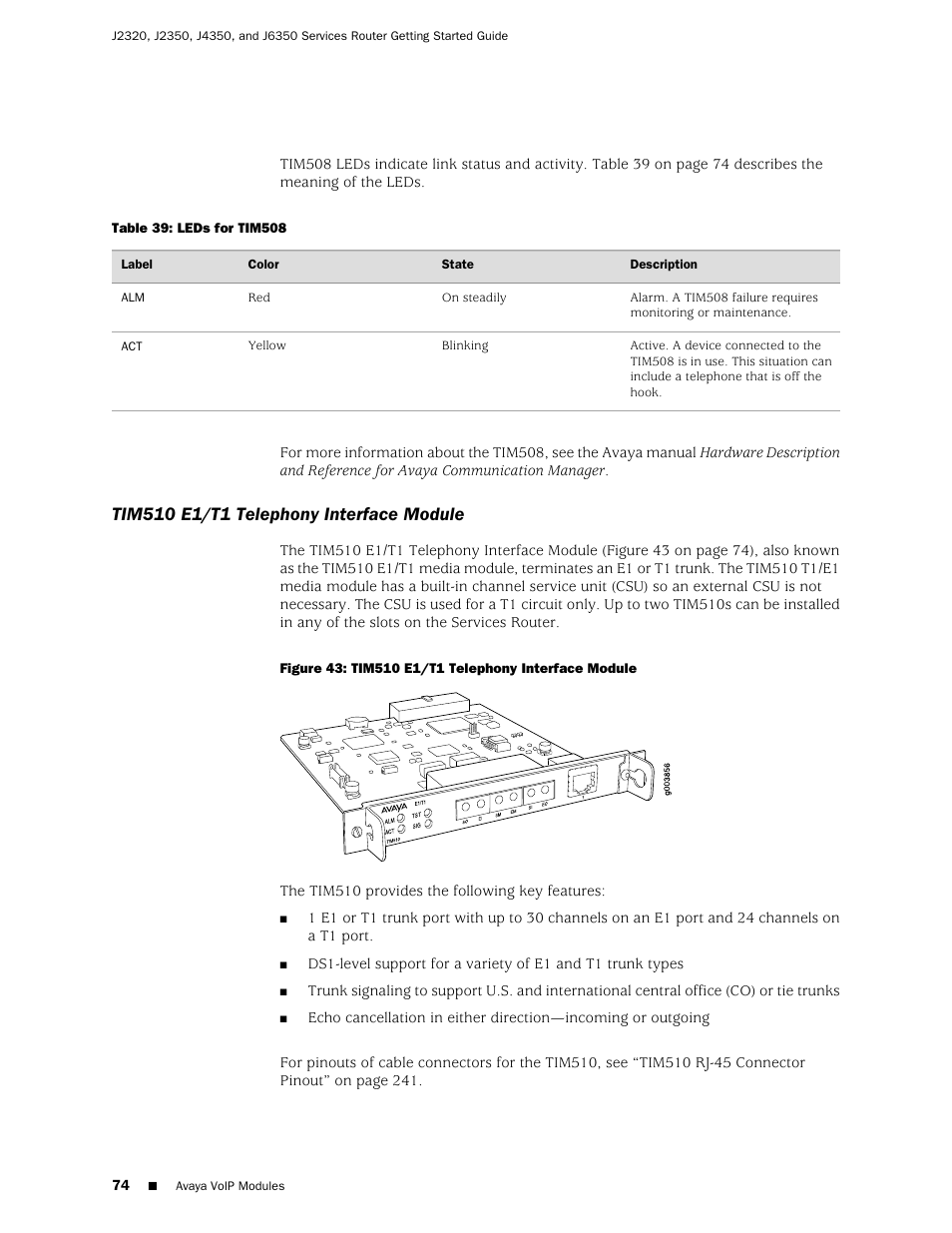 Tim510 e1/t1 telephony interface module | Juniper Networks J-series Services Router J2320 User Manual | Page 96 / 332