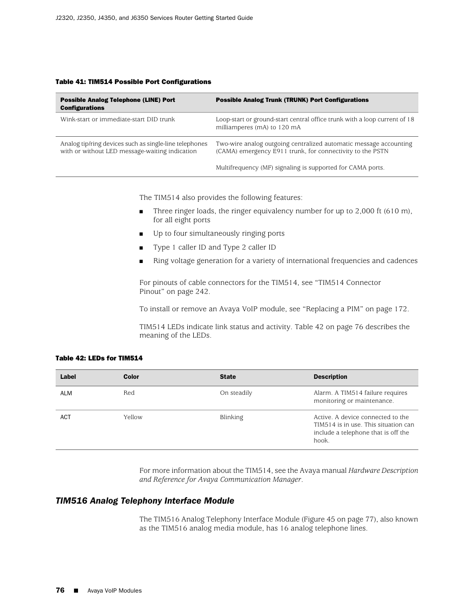 Tim516 analog telephony interface module | Juniper Networks J-series Services Router J2320 User Manual | Page 98 / 332