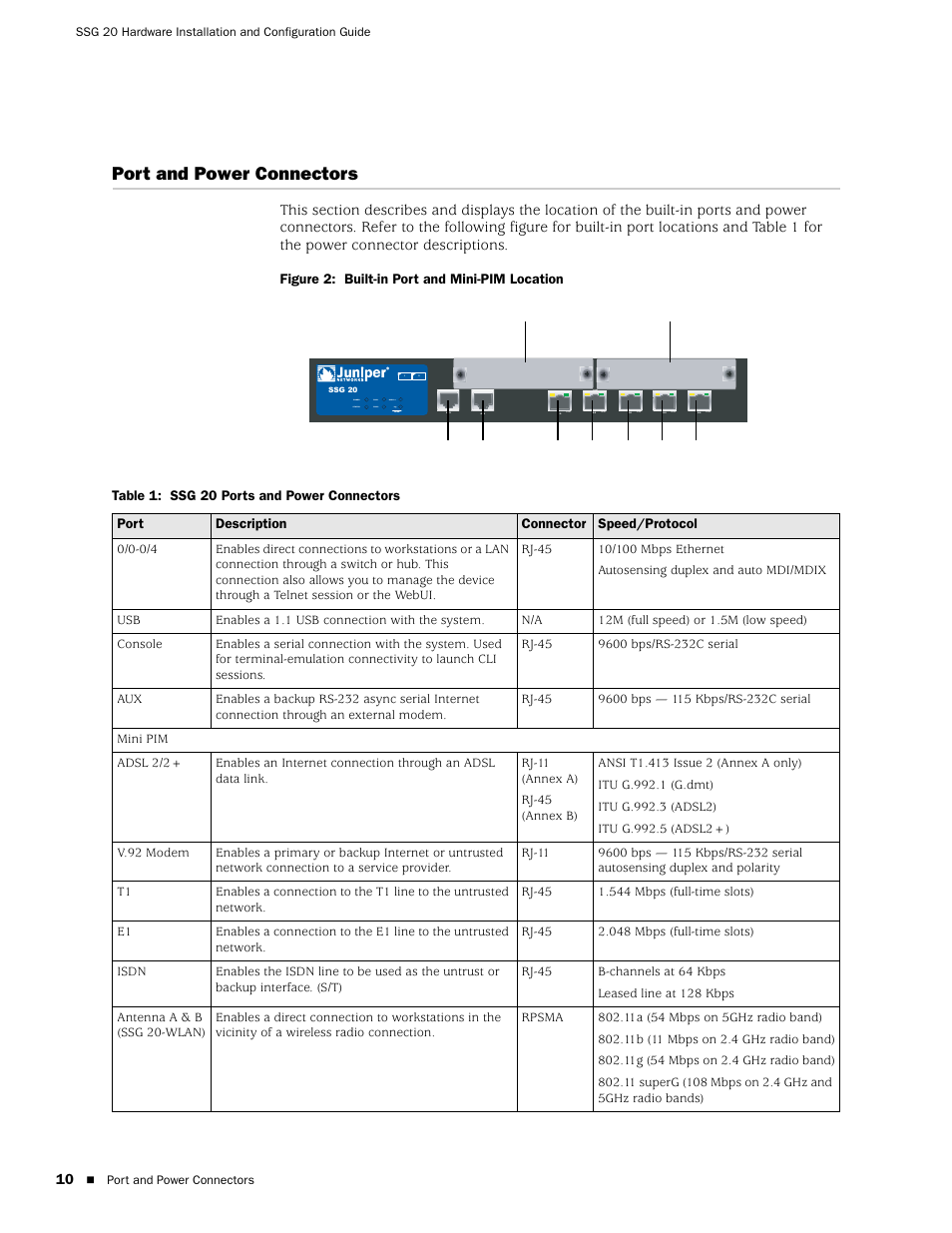 Port and power connectors | Juniper Networks SSG 20 User Manual | Page 10 / 86