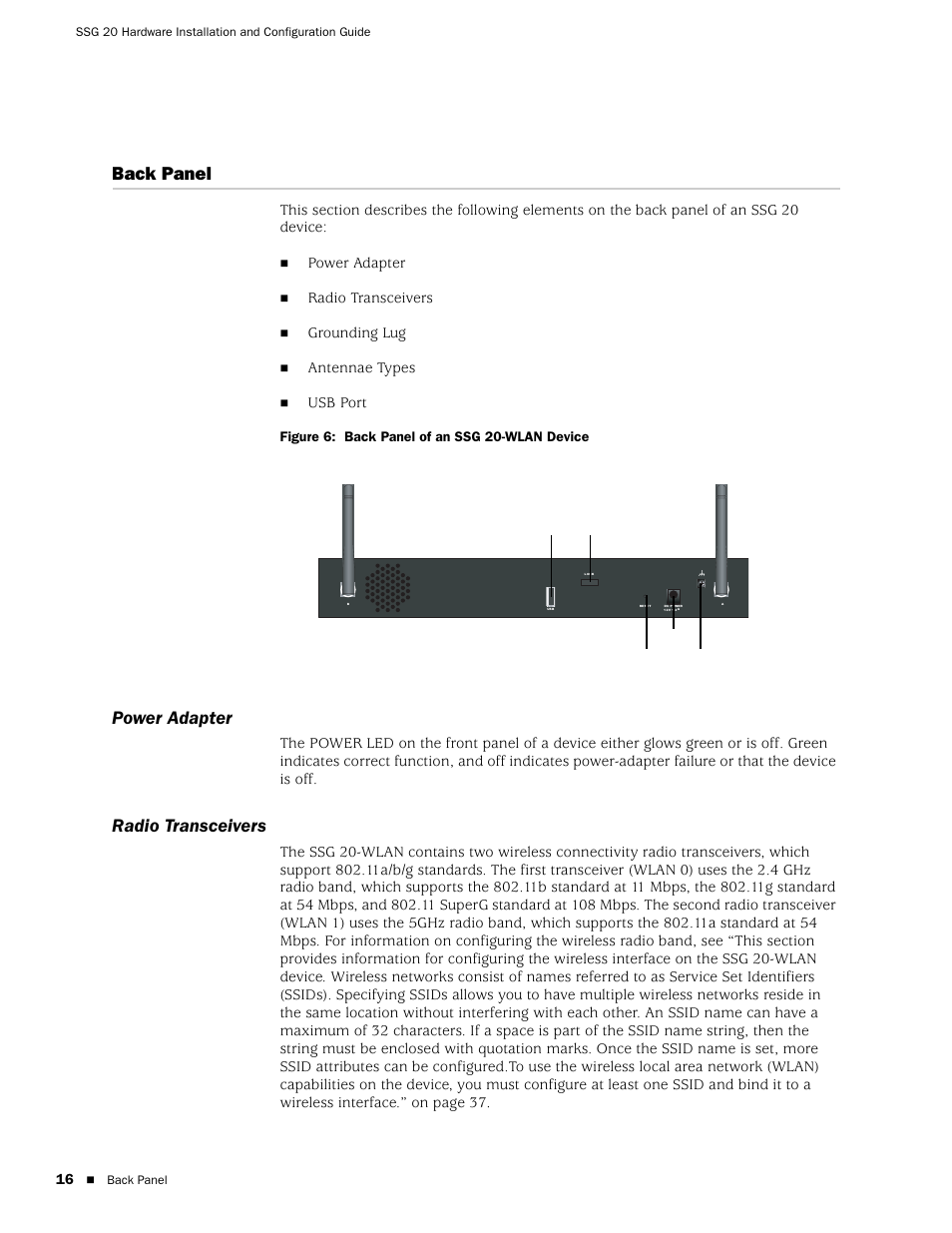 Back panel, Power adapter, Radio transceivers | Power adapter radio transceivers, Grounding lug, Antennae types, Usb port | Juniper Networks SSG 20 User Manual | Page 16 / 86