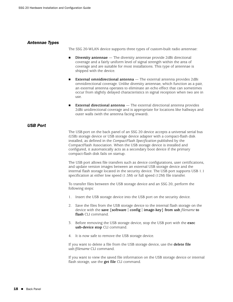 Antennae types, Usb port, Antennae types usb port | Juniper Networks SSG 20 User Manual | Page 18 / 86