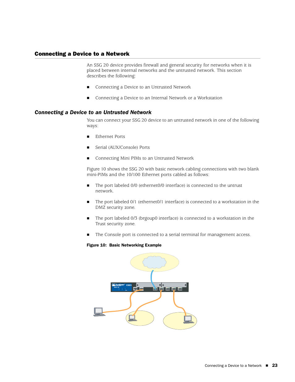 Connecting a device to a network, Connecting a device to an untrusted network | Juniper Networks SSG 20 User Manual | Page 23 / 86
