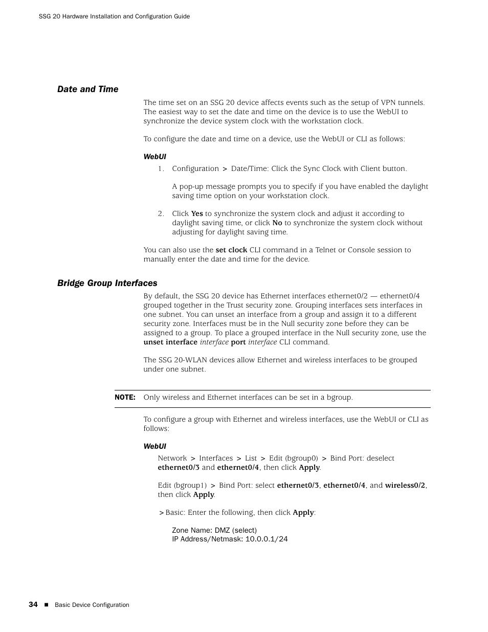 Date and time, Bridge group interfaces, Date and time bridge group interfaces | Juniper Networks SSG 20 User Manual | Page 34 / 86
