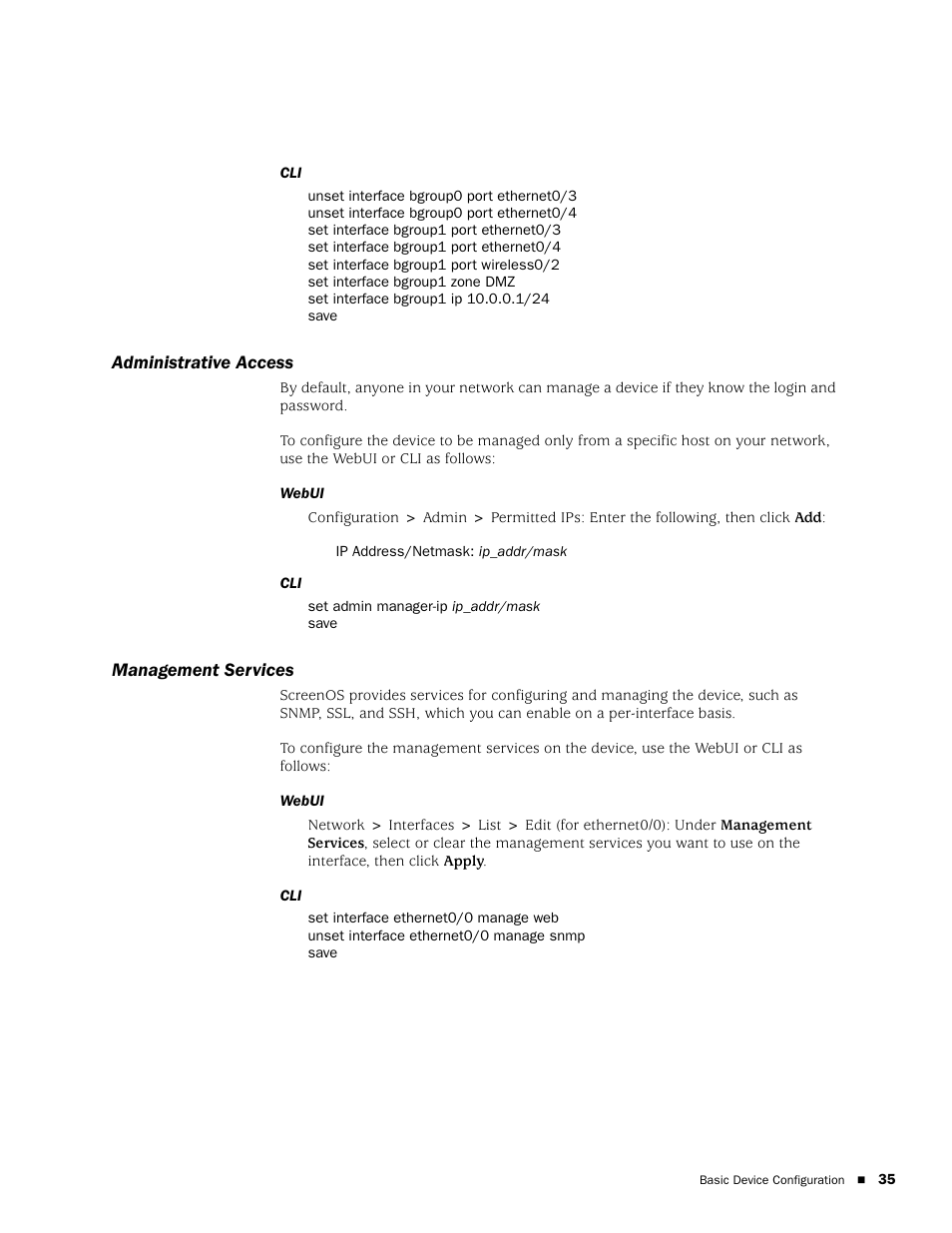 Administrative access, Management services, Administrative access management services | Juniper Networks SSG 20 User Manual | Page 35 / 86