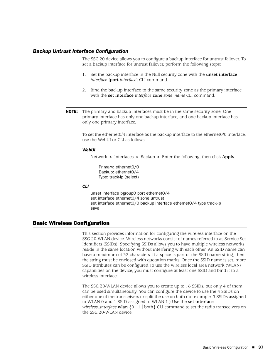 Backup untrust interface configuration, Basic wireless configuration | Juniper Networks SSG 20 User Manual | Page 37 / 86