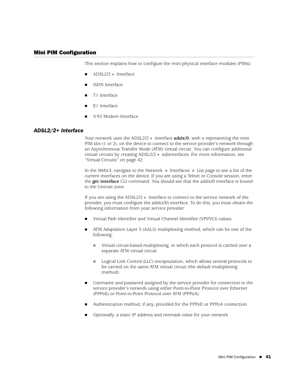 Mini pim configuration, Adsl2/2+ interface | Juniper Networks SSG 20 User Manual | Page 41 / 86