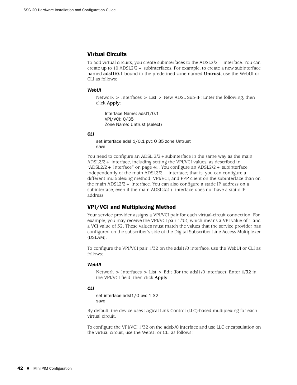 Virtual circuits, Vpi/vci and multiplexing method, Virtual circuits vpi/vci and multiplexing method | Juniper Networks SSG 20 User Manual | Page 42 / 86
