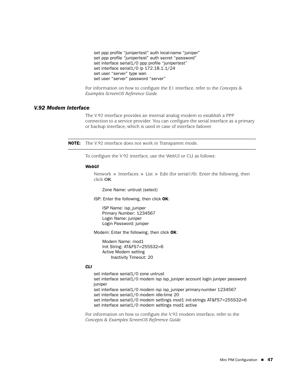 V.92 modem interface | Juniper Networks SSG 20 User Manual | Page 47 / 86