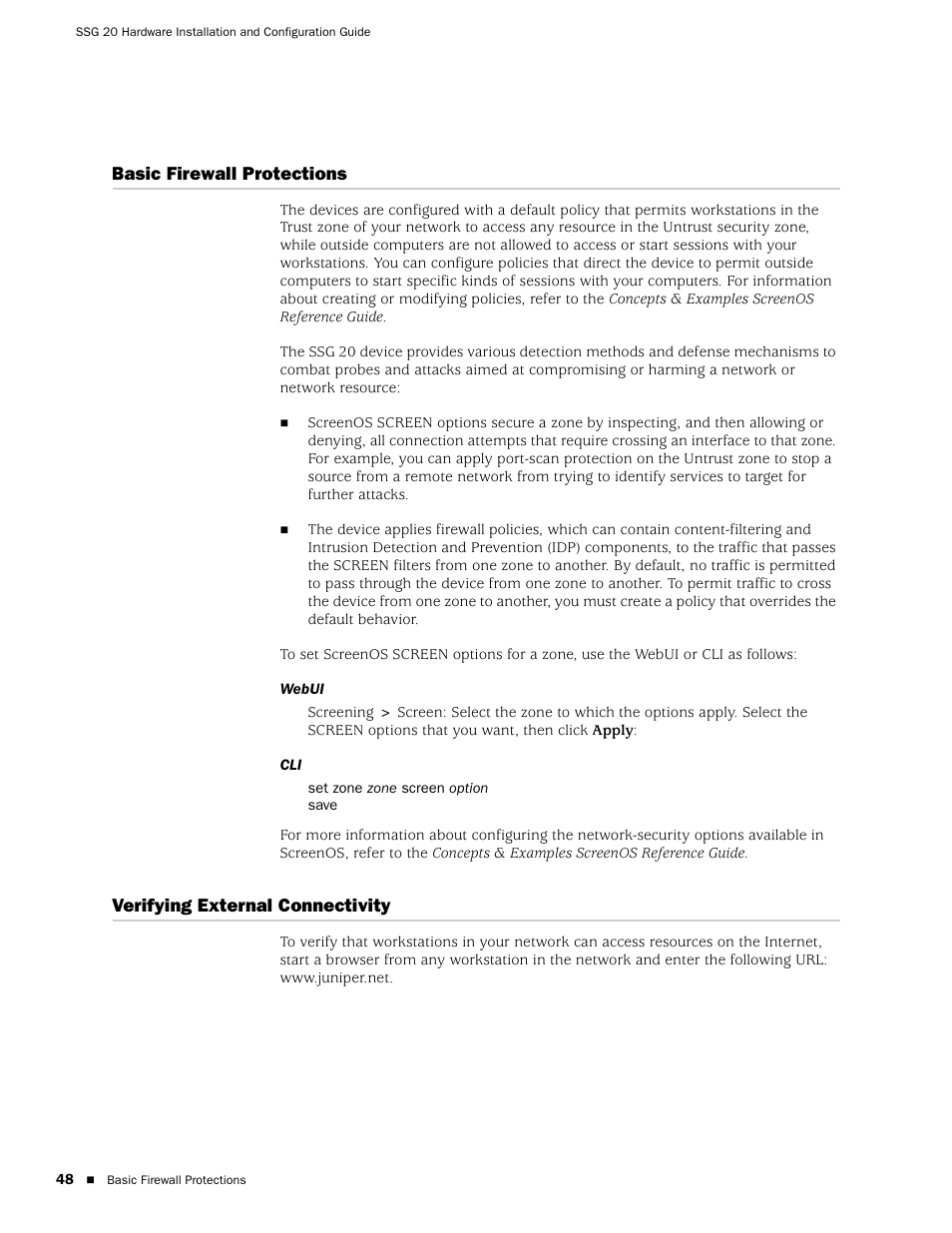 Basic firewall protections, Verifying external connectivity | Juniper Networks SSG 20 User Manual | Page 48 / 86