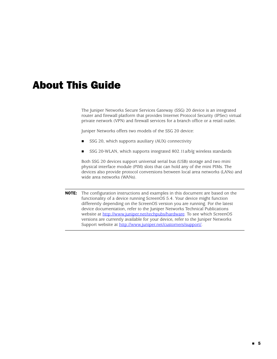 About this guide | Juniper Networks SSG 20 User Manual | Page 5 / 86