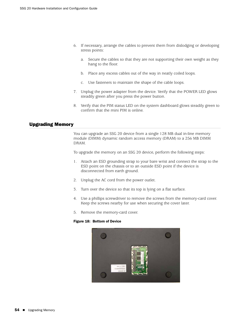 Upgrading memory | Juniper Networks SSG 20 User Manual | Page 54 / 86