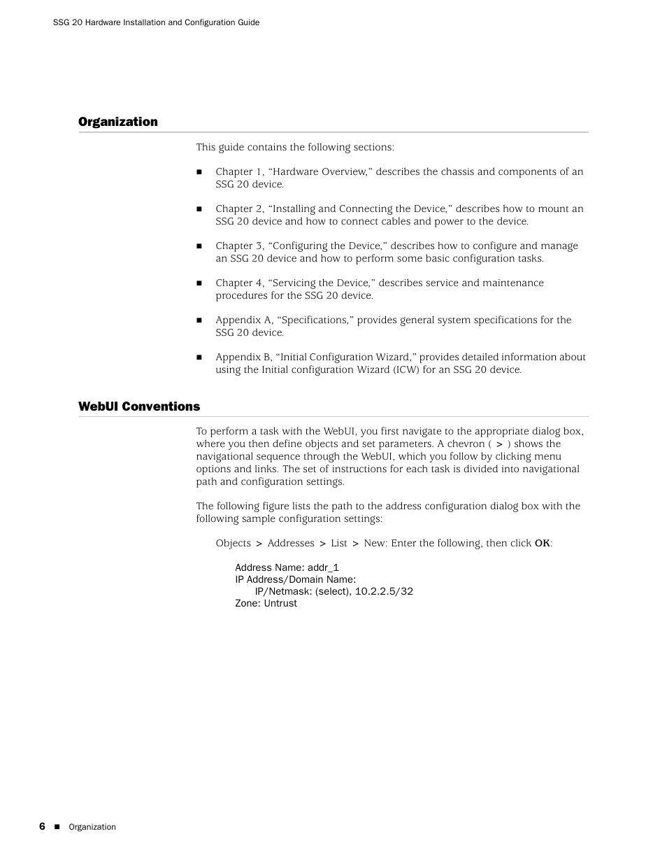 Organization, Webui conventions, Organization webui conventions | Juniper Networks SSG 20 User Manual | Page 6 / 86